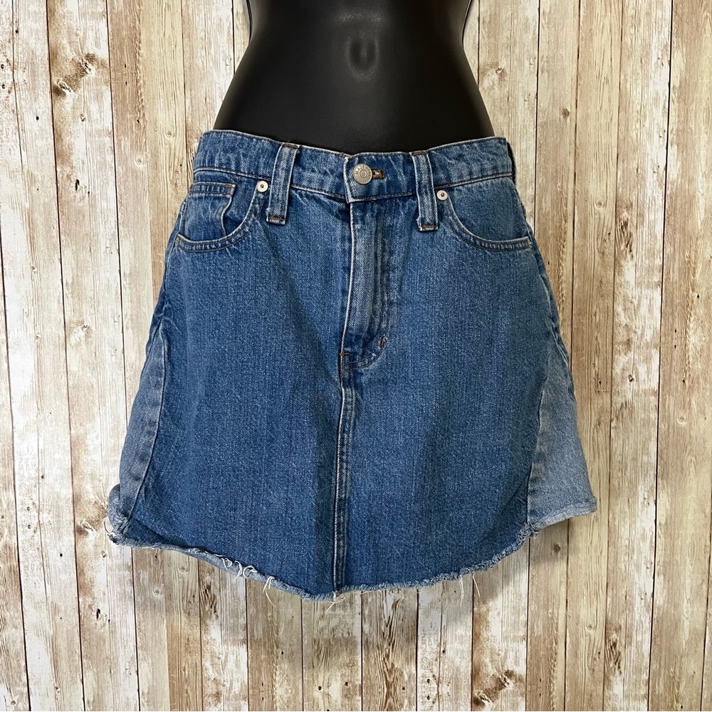 Madewell Rigid Denim A-Line Mini Skirt Pieced Edition Raw Hem Size
26